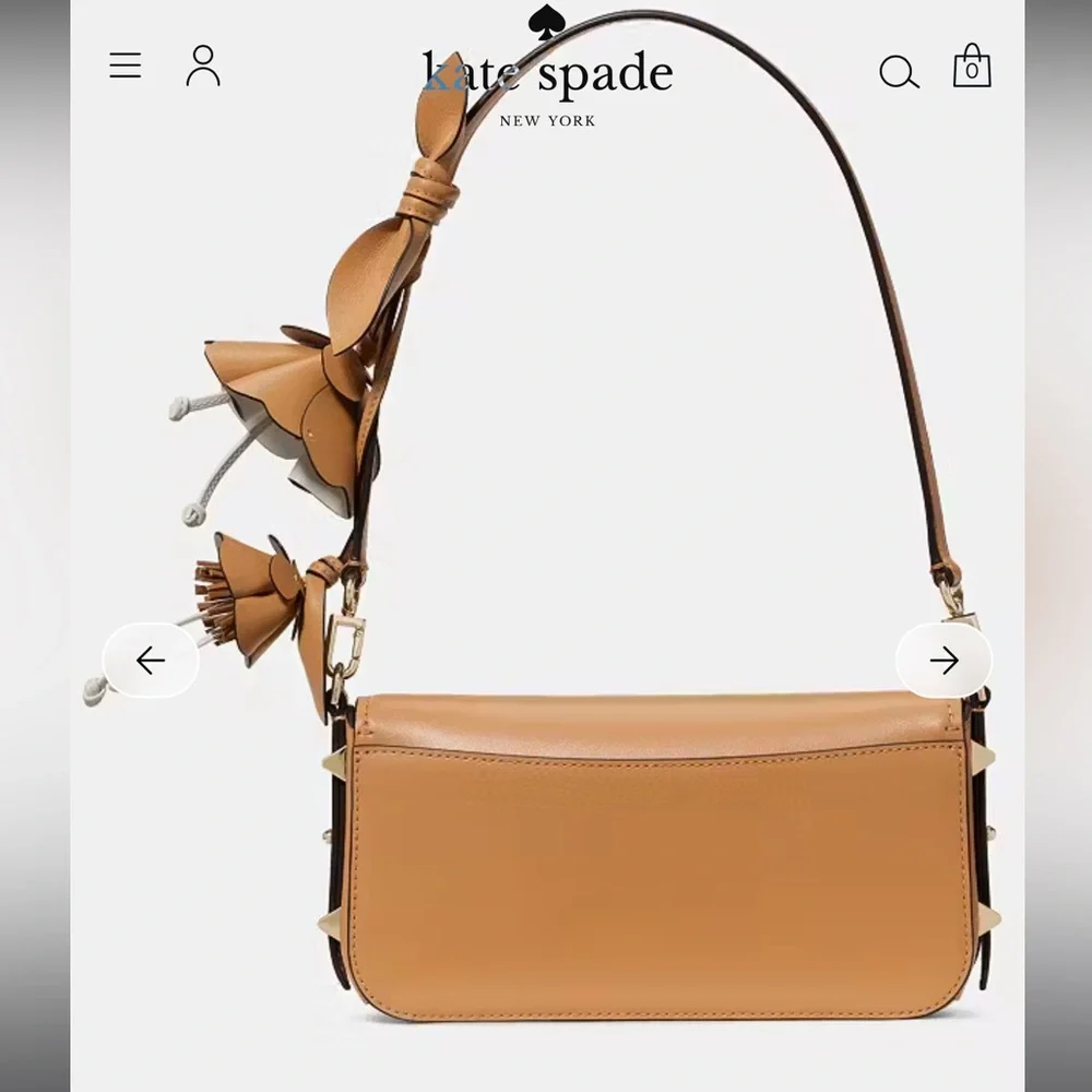 NWT Kate Spade Tan Leather Shoulder Bag with 3D Floral Accent.